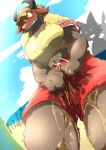 absurd_res accident anthro beach blush bodily_fluids bovid bovine cattle clothed clothing desperation embarrassed female genital_fluids hi_res horn lifeguard lifeguard_chair lifeguard_swimsuit mammal mttbsmn omorashi outside peeing sand sea seaside sky tail urine water wetting yellow_eyes