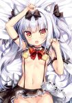  anchor_choker animal_ears arm_up azur_lane bangs bed_sheet bird black_bow black_choker black_sailor_collar black_skirt blush bow breasts cat_ears censored chick choker collarbone commentary_request dakimakura eyebrows_visible_through_hair fang fingernails fujima_takuya groin hair_between_eyes hair_bow hand_up head_tilt long_hair looking_at_viewer lying medium_breasts navel no_panties novelty_censor on_back open_mouth out-of-frame_censoring pleated_skirt red_bow red_eyes sailor_collar school_uniform serafuku shirt shirt_lift silver_hair skirt skirt_lift solo suspender_skirt suspenders twintails very_long_hair white_shirt yukikaze_(azur_lane) 