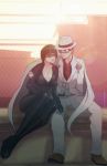  1boy 1girl black_hair breasts cape catsuit city couple fedora goggles grey_hair indrockz johnny_caproni large_breasts lucy_lennon neo_knights superhero 