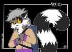 2026 5_fingers anthro big_tail black_background black_body black_ears black_fur black_nose blue_eyes border brutalmoose_(artist) cardigan clothing digital_drawing_(artwork) digital_media_(artwork) duffel_bag ear_scar english_description english_text facial_markings fingers fur grey_body grey_fur grey_hair hair hand_scar head_markings heterochromia hi_res humanoid_hands lemur male mammal markings mask_(marking) medium_hair neck_scar open_mouth orange_clothing orange_shirt orange_topwear outline primate purple_eyes ring-tailed_lemur ring_(marking) ringed_tail scar shirt simple_background solo standing strepsirrhine striped_markings striped_tail stripes tail tail_markings text topwear url white_body white_border white_fur white_inner_ear white_outline yellow_sclera yuuto_(brutalmoose)