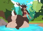 2026 absurd_res after_vore belly big_belly big_butt brown_body brown_fur burp_cloud burping butt deer deer_taur duo female female_pred forest fur hi_res horn mammal mammal_taur outside plant rear_view smuggoblin taur tree vore