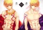  abs arabian_clothes areolae bare_chest blonde_hair commentary_request dual_persona earrings fate/grand_order fate_(series) fujikiri_yana gilgamesh gilgamesh_(caster)_(fate) jewelry looking_at_viewer male_focus multiple_boys muscle navel red_eyes shirtless smile upper_body 
