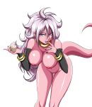  2018 alien android_21 areola arm_warmers armwear big_breasts black_nails blue_eyes bracelet breasts clothed clothing colored_nails cupcake dragon_ball dragon_ball_fighterz ear_piercing female finger_in_mouth food gold_(metal) gold_jewelry hair hi_res holding_food holding_object humanoid jewelry long_hair majin majin_android_21 mostly_nude navel neck_ring nipples not_furry open_mouth piercing pink_skin pink_tail pointy_ears ring saliva simple_background solo standing tongue white_background white_hair zantyarz 