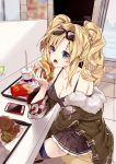  218 bare_shoulders black_skirt blonde_hair blue_eyes blush braid breasts cellphone cleavage collarbone commentary_request eating eyebrows_visible_through_hair eyewear_on_head food fur-trimmed_jacket fur_trim granblue_fantasy green_jacket hair_intakes hamburger holding holding_food indoors jacket long_hair mcdonald's medium_breasts off_shoulder open_mouth phone pleated_skirt skirt smartphone solo sunglasses tank_top thighhighs tray twintails zeta_(granblue_fantasy) 