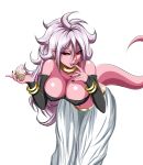  2018 alien android_21 arm_warmers armwear big_breasts black_nails black_sclera bracelet breasts cleavage clothed clothing colored_nails cupcake dragon_ball dragon_ball_fighterz ear_piercing female finger_in_mouth food gold_(metal) gold_jewelry hair hi_res holding_food holding_object humanoid jewelry long_hair majin majin_android_21 navel neck_ring nipple_bulge not_furry open_mouth piercing pink_skin pink_tail pointy_ears red_eyes ring saliva simple_background solo standing tongue tube_top white_background white_hair zantyarz 