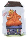 abdulacomm angry animate_inanimate anthro big_butt blonde_mane blush bottom_heavy buddy_(film) buddy_the_unicorn butt butt_squish cellulite duo equid equine fingers fur grimace hi_res hooved_fingers hooves horn huge_butt kerchief looking_down looking_up male mammal mane mythological_creature mythological_equine mythology orange_body orange_fur rear_view red_kerchief squish stuck tailless unicorn well white_hooves white_horn worry_well