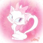  2017 cat disney eyelashes feline female feral fur hair_bow hair_ribbon hi_res looking_back mammal marie_(aristocats) pink_background ribbons signature simple_background smile solo sparkles tettyamansp textured_background the_aristocats vignette whiskers white_fur 