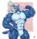 5_fingers abs absurd_res anthro asian_clothing beard biceps blue_body blue_fur bulge clothed clothing detailed_bulge east_asian_clothing eyebrows facial_hair fingers flexing forearm_muscles fundoshi fundoshi_only fur generation_5_pokemon genital_outline hair hi_res humanoid_hands ikfou japanese_clothing male muscular muscular_anthro muscular_male navel nintendo nipples pecs penis_outline pokemon pokemon_(species) red_nose samurott solo topless triceps underwear underwear_only white_hair