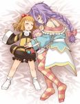  artist_request blonde_hair blush bow braid character_doll closed_eyes colored_stripes hair_bow hair_ornament kami_jigen_game_neptune_v long_hair multiple_girls neptune_(choujigen_game_neptune) neptune_(series) no_shoes pish purple_hair pururut short_hair single_braid sleeping socks striped striped_legwear thighhighs very_long_hair 