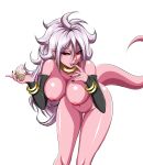  2018 alien android_21 areola arm_warmers armwear big_breasts black_nails black_sclera bracelet breasts clothed clothing colored_nails cupcake dragon_ball dragon_ball_fighterz ear_piercing female finger_in_mouth food gold_(metal) gold_jewelry hair hi_res holding_food holding_object humanoid jewelry long_hair majin majin_android_21 mostly_nude navel neck_ring nipples not_furry open_mouth piercing pink_skin pink_tail pointy_ears red_eyes ring saliva simple_background solo standing tongue white_background white_hair zantyarz 