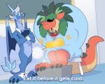 2025 anthro artist_name bedding big_muscles big_tail blanket blue_body blue_scales cain_(hikazedragon) claws colored crossed_arms dialogue digital_drawing_(artwork) digital_media_(artwork) dragon duo english_text finger_claws food grey_hair hair happy hi_res hikazedragon horn inside male mostly_nude mostly_nude_anthro mostly_nude_male multicolored_body multicolored_scales muscular muscular_anthro muscular_male mythological_creature mythological_scalie mythology noel_(hikazedragon) open_mouth open_smile pastry pie plate red_body red_scales scales scalie sitting smile sparkles spikes spikes_(anatomy) standing tail tan_body tan_scales text toe_claws two_tone_body two_tone_scales wrapped_in_blanket