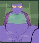 animal_humanoid anthology_of_the_killer anthro balls belly big_belly bodily_fluids bottomless breasts clothed clothing digital_media_(artwork) felid genitals half_naked humanoid looking_at_viewer male mammal mammal_humanoid meatmeatmeat4me moobs mouthless musk navel overweight overweight_anthro overweight_male penis pointy_ears pubes purple_body shaved_pubes shirt simple_background solo solsticespaghetti spread_legs spreading sweat thick_thighs tight_clothing tight_shirt tight_topwear topwear unidentified_corpse_(aotk) wide_hips yellow_eyes
