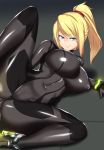  1girl ass aster_crowley blonde_hair blue_eyes blush bodysuit breasts cameltoe covered_navel erect_nipples grin high_heels highres large_breasts long_hair looking_at_viewer lying metroid nipples on_back ponytail samus_aran skin_tight smile spread_legs zero_suit 