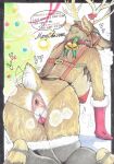 a-deru all_fours anthro antlers anus big_anus big_breasts big_butt bikini black_border black_clothing black_legwear black_thigh_highs blue_eyeshadow bodily_fluids border breasts brown_body brown_fur butt christmas christmas_tree clothing deer dialogue english_text eyelashes eyeshadow feet female fur gloves green_eyes handwear holidays horn legwear looking_back makeup mammal musk new_world_deer nipple_outline plant pussy_peek rear_view red_bikini red_clothing red_gloves red_handwear red_swimwear reindeer saliva scut_tail short_tail simple_background solo speech_bubble swimwear tail text thick_thighs thigh_highs tree two-piece_swimsuit white_background white_body white_fur wide_hips
