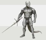absurd_res anthro balls biceps blue_eyes dragon feet flaccid forearm_muscles genitals hi_res horn humanoid_genitalia humanoid_penis male melee_weapon muscular muscular_male mythological_creature mythological_scalie mythology nude pacelic penis scalie simple_background solo standing sword tail toes trapezius weapon white_body