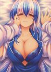  bangs bed_sheet blue_bra blue_hair bra breasts cleavage closed_mouth collarbone eyebrows_visible_through_hair female_pov fingernails fujiwara_no_mokou half-closed_eyes hand_on_another's_cheek hand_on_another's_face highres hijikawa_arashi kamishirasawa_keine large_breasts lips long_hair long_sleeves looking_at_viewer lying multicolored_hair multiple_girls on_back pov red_eyes smile tears touhou two-tone_hair underwear upper_body white_hair yuri 