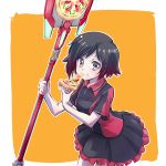  black_hair commentary_request crescent_rose eating employee_uniform fast_food_uniform food highres iesupa pizza pizza_hut ruby_rose rwby silver_eyes solo spatula uniform 