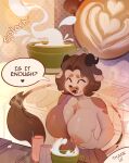 anthro apron areola bakery beverage big_breasts blush bodily_fluids bovid bovine bread breast_milking breast_play breast_squish breastfeeding breastfeeding_request breasts cafe cattle clothed clothing coffee coffee_cup coffee_mug coffee_shop comic container cup dessert dialogue digital_media_(artwork) english_text female food fur hi_res huge_breasts lactating mammal milk milking_self nipples panika simple_background smile solo speech_bubble squish tail text text_with_heart