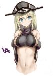  :&lt; arms_behind_back bare_shoulders bismarck_(kantai_collection) blonde_hair blue_eyes breasts cropped_torso detached_sleeves goekawa hat highres kantai_collection long_hair looking_at_viewer medium_breasts military_hat navel peaked_cap sideboob solo upper_body white_background 