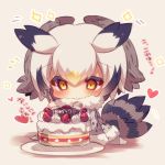  bangs black_hair blush cake chibi closed_mouth coat eyebrows_visible_through_hair food fork fruit fur-trimmed_coat fur-trimmed_sleeves fur_collar fur_trim grey_coat grey_hair hair_between_eyes head_wings heart holding holding_fork kemono_friends long_sleeves multicolored_hair muuran no_shoes northern_white-faced_owl_(kemono_friends) orange_eyes orange_hair pantyhose plate solo sparkle strawberry strawberry_shortcake translated white_legwear 