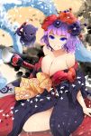  arano_oki bangs bare_shoulders black_kimono blue_eyes bow breasts calligraphy_brush cleavage collarbone commentary_request eyebrows_visible_through_hair fate/grand_order fate_(series) grin hair_ornament highres holding holding_paintbrush japanese_clothes katsushika_hokusai_(fate/grand_order) kimono large_breasts long_sleeves looking_at_viewer obi octopus off_shoulder orange_bow oversized_object paintbrush plaid plaid_bow purple_hair sash smile solo tokitarou_(fate/grand_order) v-shaped_eyebrows water waves wavy_hair wide_sleeves 