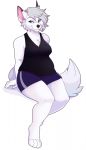  2017 4_toes anthro arctic_fox biped black_nose blue_eyes canine chest_tuft clothed clothing feve fox fur hair half-closed_eyes mammal shirt short_hair shorts simple_background sitting slightly_chubby smile sophie_(xausr32) tank_top toes tuft white_background white_fur 