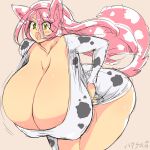  1girl animal_ears bent_over breasts cat_ears cleavage collarbone dress female gigantic_breasts hataraki_ari highres long_hair miniskirt open_mouth pink_hair simple_background sketch skirt solo standing tail thighs yellow_eyes 