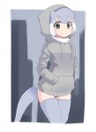  alternate_costume animal_ears cowboy_shot eyebrows_visible_through_hair fur_collar grey_hair hands_in_pockets highres hood hoodie kemono_friends long_sleeves menturm1120 multicolored_hair one-piece_swimsuit otter_ears otter_tail short_hair small-clawed_otter_(kemono_friends) smile solo swimsuit tail thighhighs white_hair 
