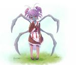  antennae apron artist_name double_bun dress entoma_vasilissa_zeta extra_eyes extra_legs fangs frilled_dress frilled_sleeves frills full_body insect_girl looking_at_viewer maid_headdress mary_janes monster_girl overlord_(maruyama) pantyhose purple_hair red_eyes shibanme_tekikumo shoes sleeves_past_wrists solo wa_maid wide_sleeves 