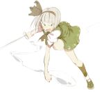  abara_heiki bangs black_hairband blunt_bangs bob_cut folded_leg full_body green_eyes green_skirt green_vest grey_hair hair_ornament hairband hitodama holding holding_sword holding_weapon konpaku_youmu konpaku_youmu_(ghost) leg_up looking_at_viewer open_mouth puffy_short_sleeves puffy_sleeves running shirt shoes short_hair short_sleeves simple_background skirt skirt_set socks solo sword teeth touhou v-shaped_eyebrows vest weapon white_background white_shirt 