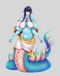  2018 4_arms 4_ears big_breasts blue_scales blue_skin breasts cleavage clothed clothing crown female hair lamia midriff multi_arm multi_ear multi_limb navel pointy_ears purple_hair reptile scales scalie simple_background snake solo urw veil 