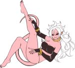  2018 alien alpha_channel android_21 arm_warmers armwear bangs black_clothing black_nails black_sclera bracelet breasts butt clothed clothing colored_nails dragon_ball dragon_ball_fighterz ear_piercing female gold_(metal) gold_jewelry grin hair hand_on_leg hand_on_thigh hi_res humanoid jewelry long_hair looking_at_viewer lying majin majin_android_21 nairdags neck_ring not_furry on_back piercing pink_skin pink_tail pointy_ears raised_leg red_eyes simple_background skimpy smile solo teeth transparent_background tube_top white_hair 