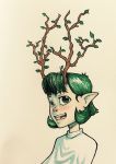  2017 ambiguous_gender antlers blush branch bust_portrait clothed clothing dryad eyelashes flora_fauna girly green_eyes green_hair hair hatching_(technique) hi_res horn humanoid light_skin looking_away marker_(artwork) mfanjul mixed_media not_furry open_mouth open_smile pale_skin pen_(artwork) plant pointy_ears portrait shadow shirt short_hair side_view simple_background smile solo traditional_media_(artwork) tree white_background white_clothing white_topwear 