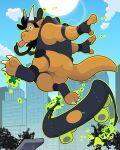 2025 anthro artist_name backwards_hat beard big_butt big_muscles big_tail black_beard black_clothing black_facial_hair black_hair black_hoodie black_topwear bottomless bottomless_anthro bottomless_male butt city claws clothed clothed_anthro clothed_male clothing cloud colored day digital_drawing_(artwork) digital_media_(artwork) dragon elbow_pads facial_hair feet finger_claws fingerless_gloves gloves hair handwear hat headgear headwear hi_res hikaze_(character) hikazedragon hoodie horn knee_pads looking_at_viewer male male_anthro midair muscular muscular_male mythological_creature mythological_scalie mythology orange_body orange_scales outside plant ramp scales scalie skateboard skateboard_trick skateboarding sky solo sun tail text tongue tongue_out toony topwear tree vehicle wingless_dragon year