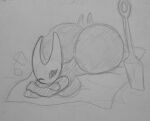 2025 arthropod bar_emanata beach_towel big_breasts big_butt breasts butt crossed_arms emanata female graphite_(artwork) hi_res hollow_knight_(franchise) horned_mask hornet's_needle hornet_(hollow_knight) huge_butt lying mask monochrome mr_ctm on_front one_eye_closed solo team_cherry towel traditional_media_(artwork) wink