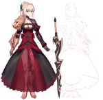  aestus_estus alternate_costume alternate_hairstyle asymmetrical_clothes bangs black_dress black_gloves blonde_hair braid breasts character_sheet cleavage cleavage_cutout closed_mouth collarbone corset crown_braid dress elbow_pads eyebrows_visible_through_hair eyes_visible_through_hair fate/extra fate_(series) french_braid gauntlets gloves hair_between_eyes hair_intakes head_wreath high_ponytail highres holding holding_sword holding_weapon large_breasts light_particles light_rays long_dress long_hair long_sleeves looking_at_viewer looking_away looking_down multiple_views nero_claudius_(fate) nero_claudius_(fate)_(all) pauldrons petals ponytail red_dress rose_petals ryairyai serious shiny shiny_hair sidelocks single_gauntlet single_pauldron sitting sketch sword turnaround v-shaped_eyebrows weapon yellow_eyes 