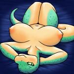 1:1 2026 anthro bedroom_eyes big_breasts blush breasts countershade_breasts countershade_scales countershade_torso countershading digital_media_(artwork) female female_anthro green_body green_eyes hands_behind_head hi_res huge_breasts legged_snake looking_at_viewer lying narrowed_eyes navel nipples non-mammal_breasts non-mammal_nipples nude nude_anthro on_back phantasmalfurry reptile scales scalie seductive seheno simple_background smile snake solo tail thick_thighs upside_down