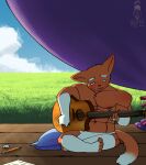 4_toes 5_fingers acoustic_guitar anthro blush bulge canid canine chest_tuft clothing cloud curtains dated eraser eyebrows feet fennec_fox field fingers floor fox guitar hi_res hidden male mammal morning muscular muscular_anthro muscular_male musical_instrument nipple_piercing nipples paper pencil_(object) piercing pillow playing playing_music plucked_string_instrument ribbons sitting sky smile solo string string_instrument toes true_fox tuft underwear valken_holmes watermark wood wood_floor xia_(cydonia_xia)