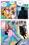 2026 absurd_res anthro bottomwear butt claws clothed clothing comic dialogue digital_media_(artwork) drxii english_text female fur green_eyes hair hi_res jojo's_bizarre_adventure kobold low-angle_view male mammal meme menacing_approach panties reptile scalie skirt smile squirrelbold stardust_crusaders tail tamago_(teer) teer text third-party_edit underwear wonderful_kobold