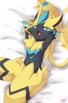  2018 ambiguous_gender anthro bed black_fur blue_eyes blue_fur claws feline fur hands_behind_head looking_at_viewer lying mammal nintendo on_bed open_mouth pawpads pok&eacute;mon pok&eacute;mon_(species) raruru solo tongue video_games yellow_fur zeraora 