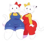  2018 ? anthro beady_eyes bow cat clothed clothing digital_media_(artwork) duo feline female hello_kitty hello_kitty_(character) hi_res looking_at_viewer mammal mimmy overalls sanrio sibling simple_background sisters sssonic2 twins waving whiskers white_background 