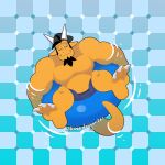 1:1 2026 anthro artist_name barazoku beanie beard big_muscles big_pecs big_tail black_beanie black_beard black_clothing black_facial_hair black_hair black_hat black_headwear blue_clothing blue_swimwear checkered checkered_background claws closed_smile clothed clothed_anthro clothed_male clothing day digital_drawing_(artwork) digital_media_(artwork) dragon eyes_closed facial_hair feet hair happy hat headgear headwear hi_res hikaze_(character) hikazedragon horn male male_anthro mouth_closed muscular mythological_creature mythological_scalie mythology optical_illusion orange_body orange_scales outside partially_submerged pattern_background pecs pool_float pool_toy reclining relaxed_expression relaxing scales scalie simple_background sitting smile solo swim_ring swimming_pool swimming_trunks swimwear tail text toe_claws topless topless_anthro topless_male water wingless_dragon year