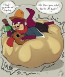 abdominal_bulge absurd_res acoustic_guitar arkailart belly big_belly buck_theaotter burp_cloud burping clothing digestion digestion_implied digestion_noises english_text guitar hat headgear headwear hi_res huge_belly hyper hyper_belly kipo_and_the_age_of_wonderbeasts lying lying_on_own_belly mammal musical_instrument mustelid on_front oral_vore otter plucked_string_instrument prey_imprint scarf solo string_instrument text vore