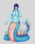  2018 4_arms 4_ears big_breasts blue_scales blue_skin breasts female hair lamia multi_arm multi_ear multi_limb navel nipples nude pointy_ears purple_hair reptile scales scalie simple_background snake solo urw 