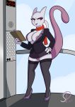  2018 anthro areola big_breasts breasts clothing elevator exposed_breasts female frown legendary_pok&eacute;mon legwear makeup mewtwo nintendo no_underwear pok&eacute;mon pok&eacute;mon_(species) pok&eacute;morph purple_eyes pussy saucepit_(artist) scarf skirt solo unprofessional_behavior video_games 