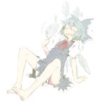  abara_heiki arm_support barefoot blue_bow blue_dress blue_hair blush bow cirno closed_eyes collared_shirt crack dress fan flat_chest full_body hair_between_eyes hair_bow hair_ornament hand_up ice ice_wings melting motion_lines neck_ribbon open_mouth paper_fan puffy_short_sleeves puffy_sleeves red_ribbon ribbon shirt short_hair short_sleeves simple_background sitting solo sweat touhou translated uchiwa wavy_mouth white_background white_shirt wings 