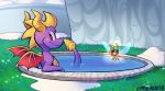  antennae arthropod cute cute_fangs cytricacid dragon dragonfly eyewear fangs feral glasses horn insect looking_at_viewer looking_back male nude pool_(disambiguation) purple_eyes purple_skin relaxing scalie size_difference smile sparx spyro spyro_the_dragon video_games water western_dragon wet wings 