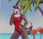 accessory anthro avian beach beastars bird brown_tail canid canine canis clothing dessert eating eating_food eating_ice_cream fangs female flamingo flower flower_in_hair food hair hair_accessory hi_res ice_cream juno_(beastars) lustrum mammal navel one-piece_swimsuit palm_tree plant purple_eyes red_clothing red_swimwear solo swimwear tail teeth tongue tongue_out tree wolf