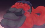 aimbot-jones anthro belly belly_overhang big_belly big_breasts big_butt black_body black_bra black_clothing black_underwear black_wings bodily_fluids bra breasts butt cheek_markings clothing clothing_pull dewlap_(anatomy) dragon eyelashes facial_markings fat_arms fat_neck fat_rolls female flabby_arms glacius_"snow"_drakenvel gradient_background half-closed_eyes head_markings hi_res horn huge_belly huge_breasts huge_butt huge_thighs long_tail love_handles male_(lore) markings morbidly_obese morbidly_obese_anthro morbidly_obese_female multicolored_body mythological_creature mythological_scalie mythology narrowed_eyes navel non-mammal_breasts obese obese_anthro obese_female orange_eyes overweight overweight_anthro overweight_female red_body removing_shirt scalie shirt simple_background solo sweat t-shirt tail text thick_neck thick_tail thick_thighs topwear two_tone_body underwear wings