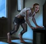  2017 animal_humanoid barefoot breasts canine clothing detailed_background female humanoid liminalbean mammal open_mouth pants shirt solo torn_clothing transformation were werewolf window 